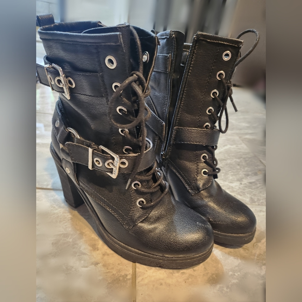 GUESS Lace-up Side Zipper Combat Buckle Boots